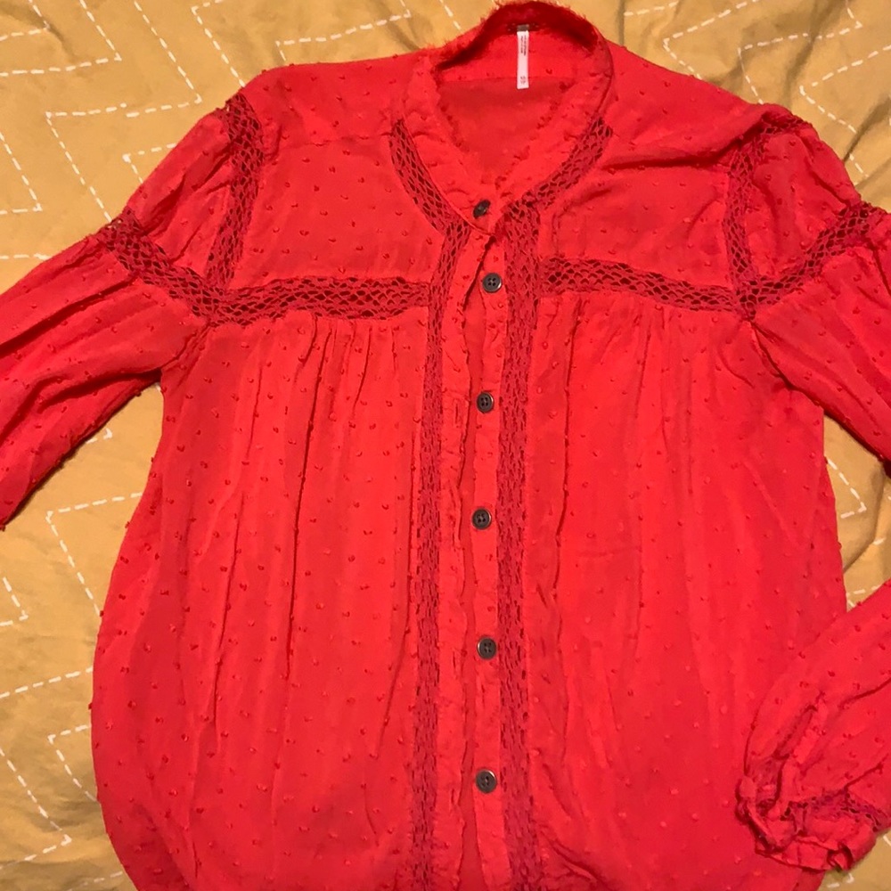 FREE PEOPLE Red Swiss Dot Blouse — western vibe. GIRL NEXT DOOR